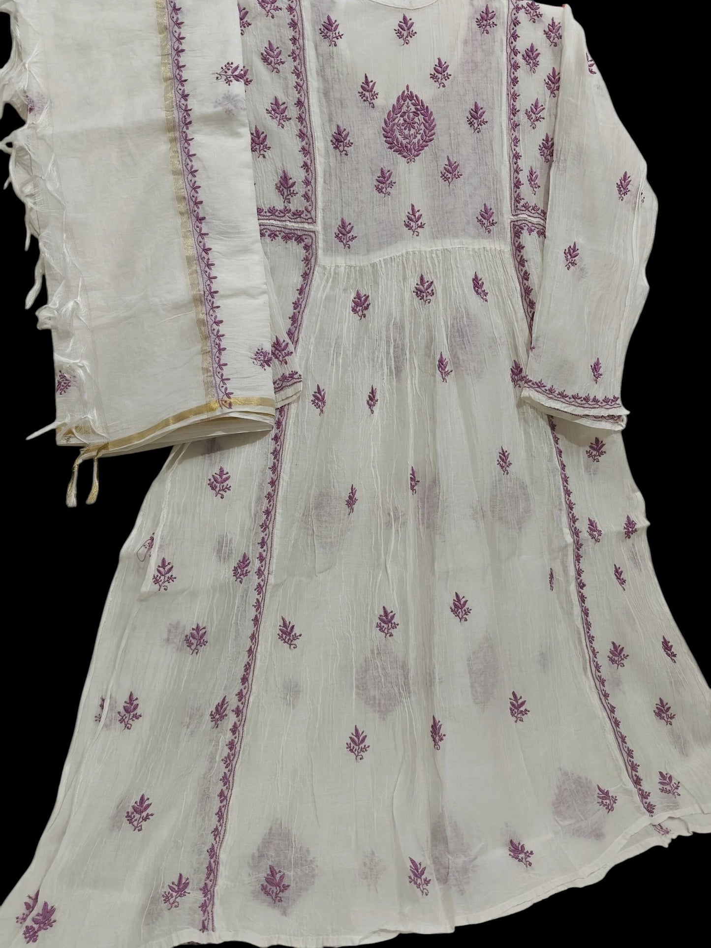 Mul Embroidered Gown - Semi-Stitched | Chikankari