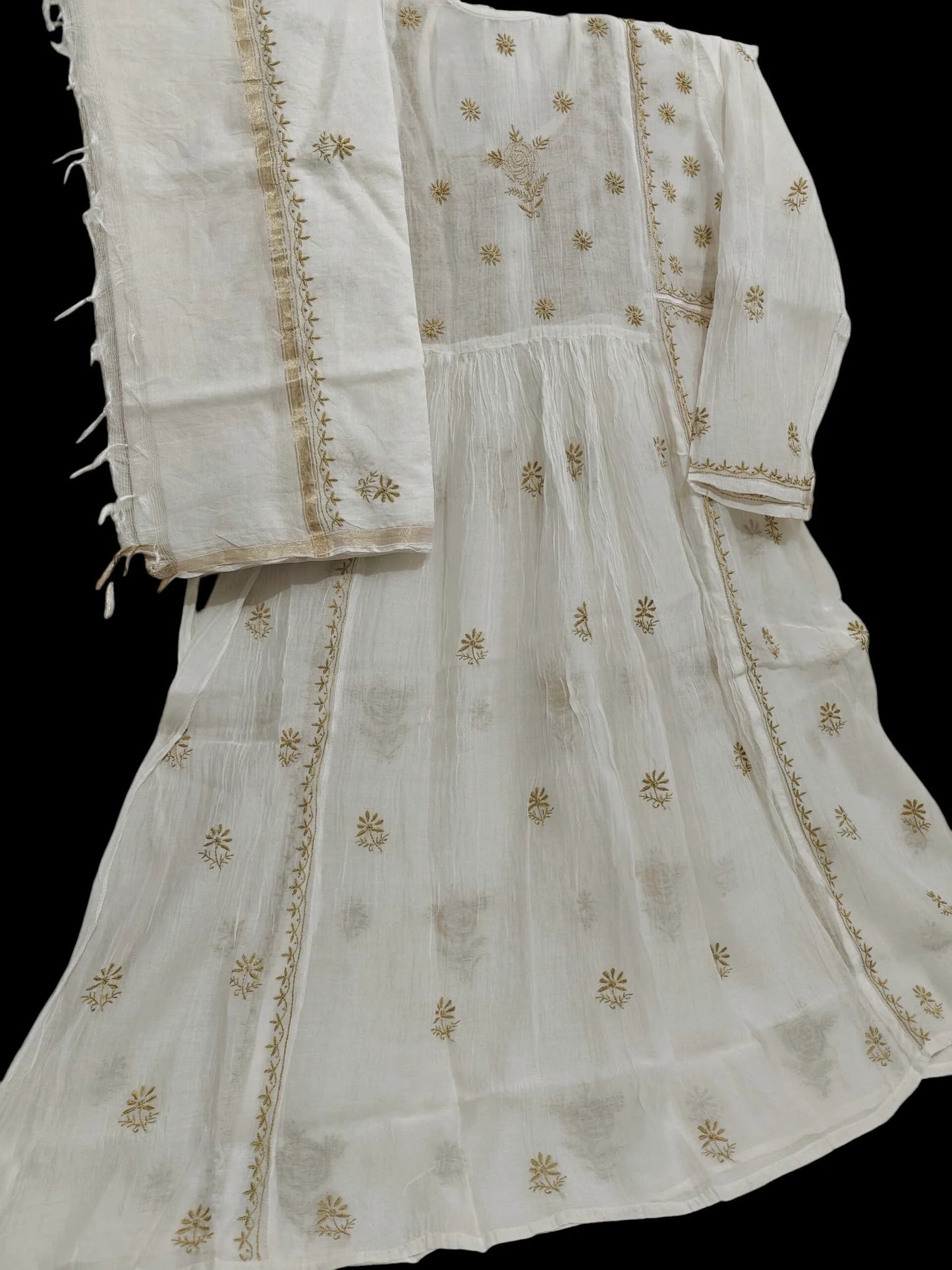 Mul Embroidered Gown - Semi-Stitched | Chikankari