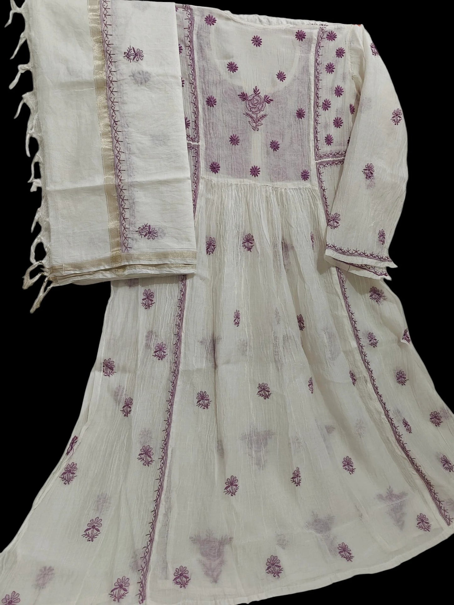 Mul Embroidered Gown - Semi-Stitched | Chikankari