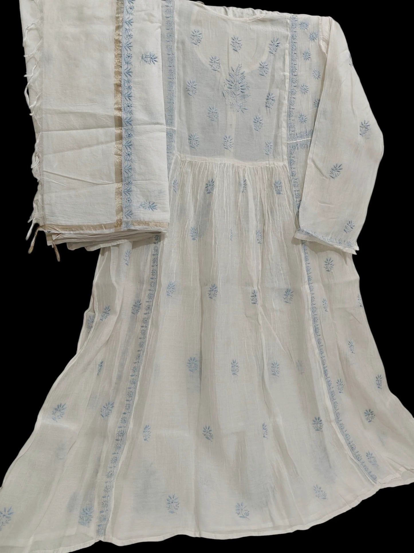 Mul Embroidered Gown - Semi-Stitched | Chikankari