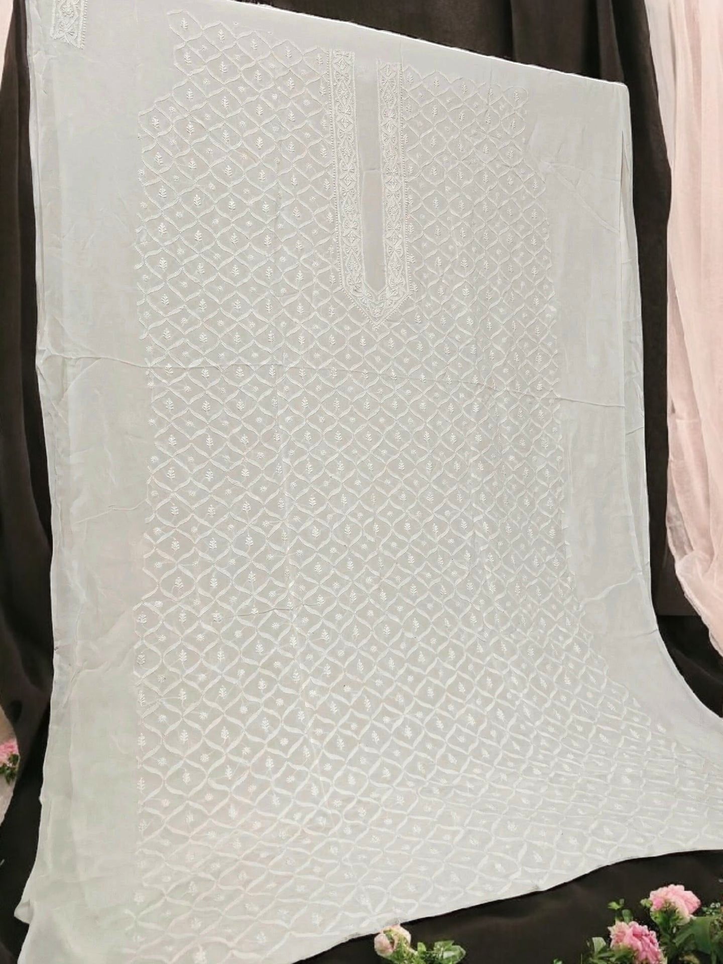 Classic White Chikankari Hand-Embroidered Men's Kurta – Unstitched | Georgette Fabric
