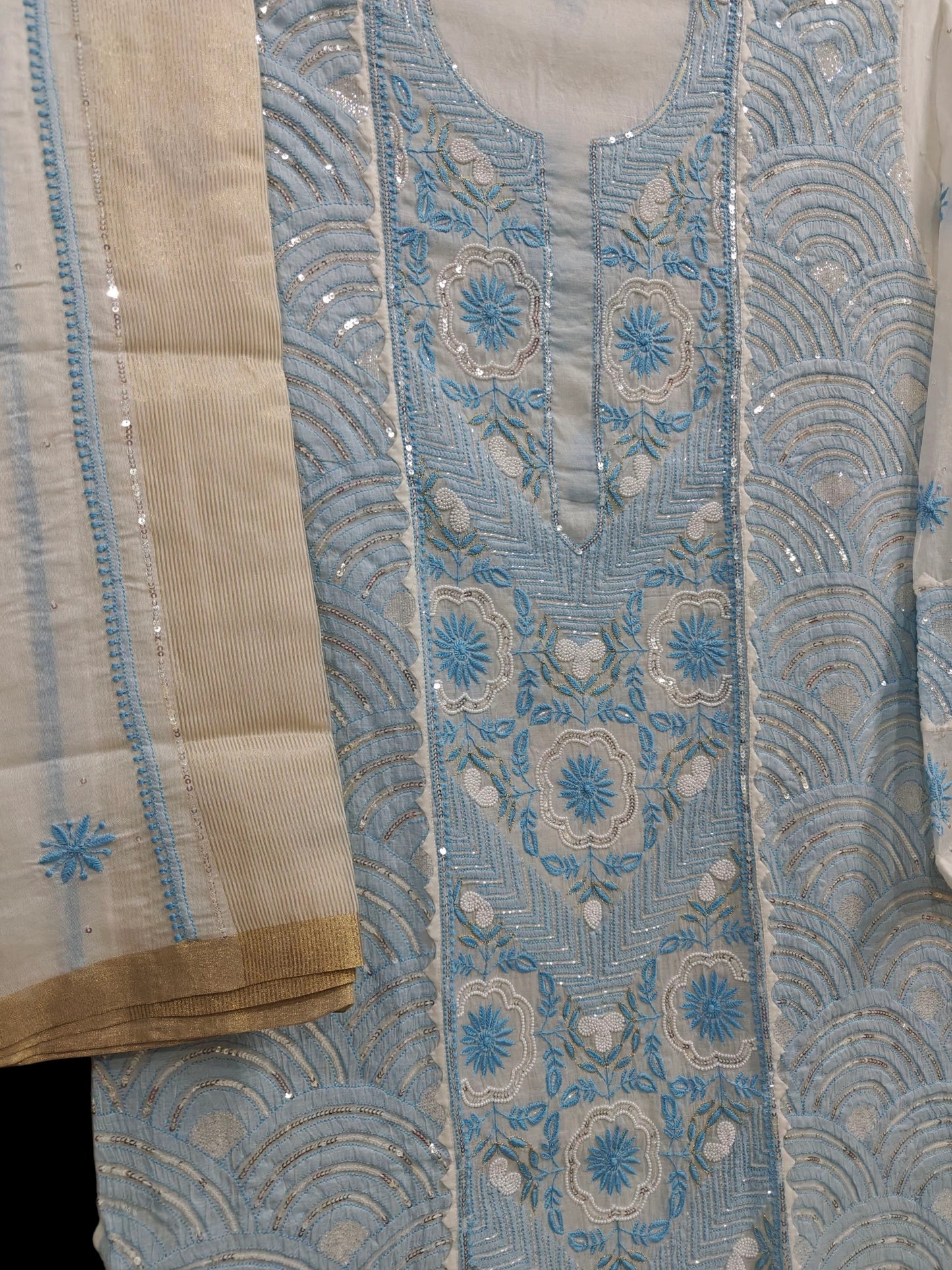 Graceful Moti Pearl & Sequin Handwork Chikankari Suit – Semi-Stitched | Premium Semi Mul Fabric