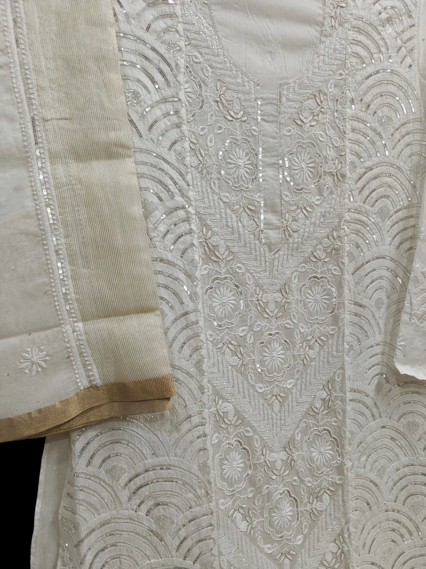 Graceful Moti Pearl & Sequin Handwork Chikankari Suit – Semi-Stitched | Premium Semi Mul Fabric