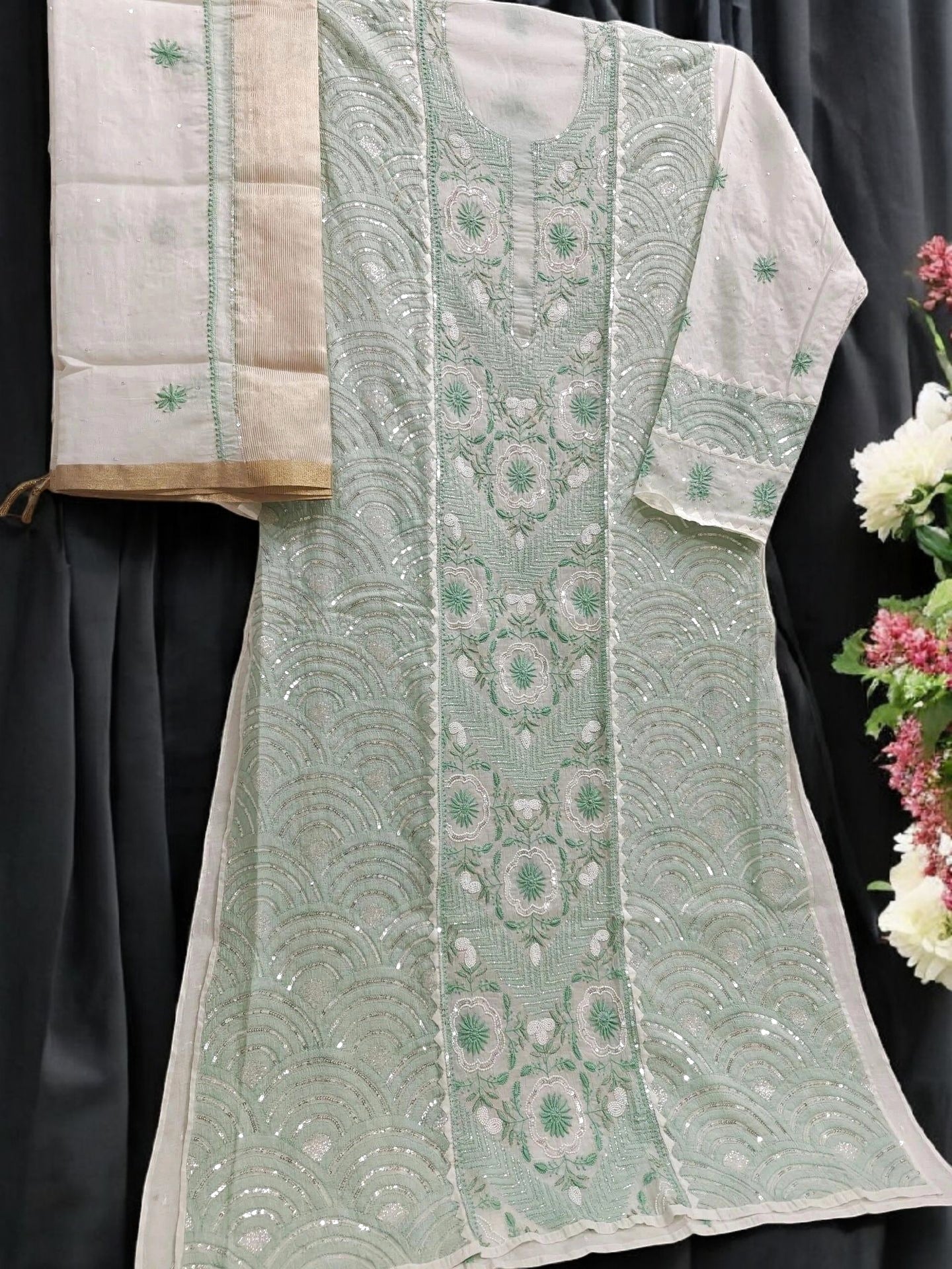 Graceful Moti Pearl & Sequin Handwork Chikankari Suit – Semi-Stitched | Premium Semi Mul Fabric
