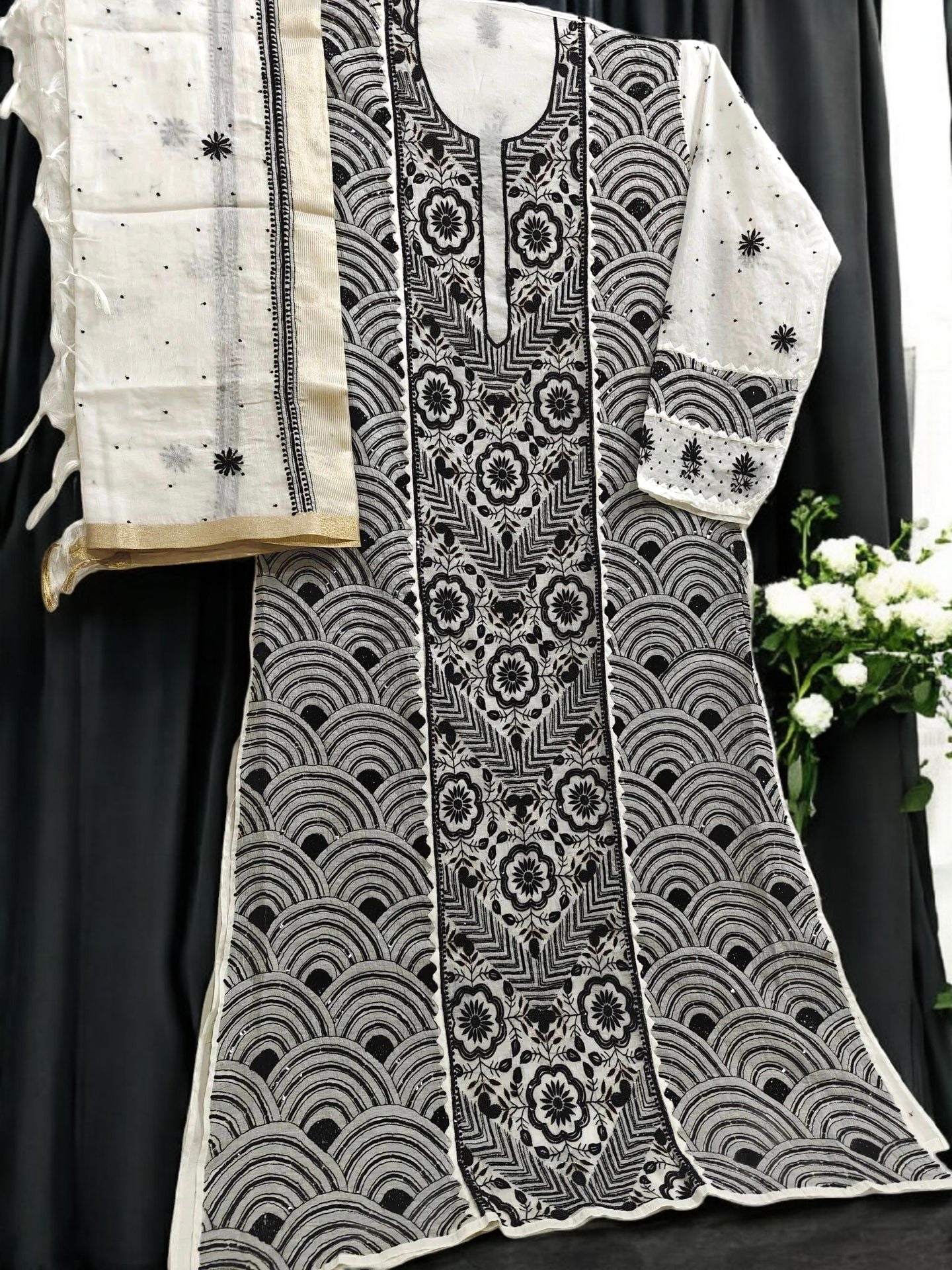 Graceful Moti Pearl & Sequin Handwork Chikankari Suit – Semi-Stitched | Premium Semi Mul Fabric