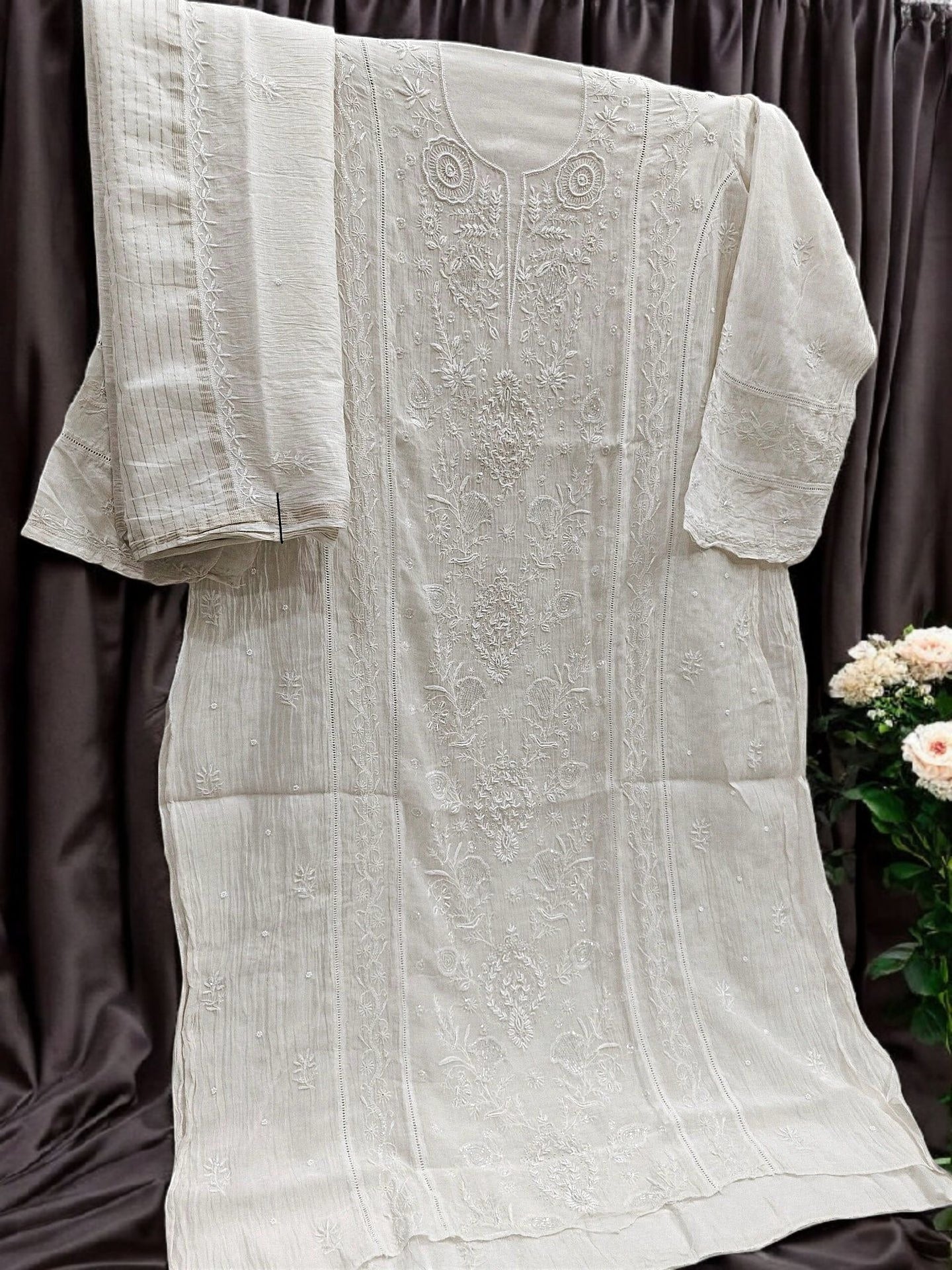 Mul Panel Suit with Moti Pearl work - Semi Stiched
