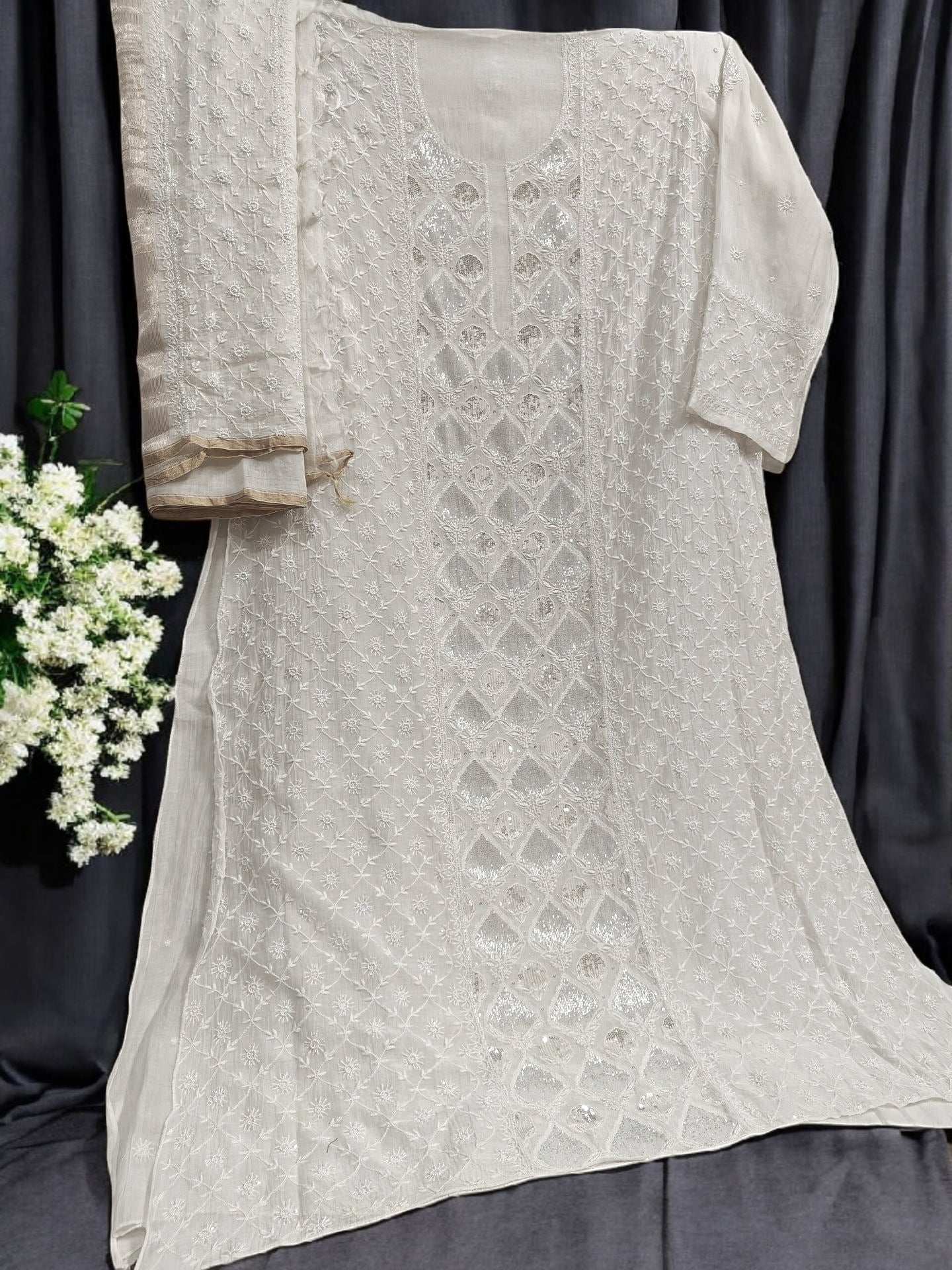 Mul Chikankari Heavy Suit - Moti Cut Dana work
