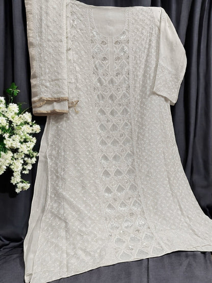 Mul Chikankari Heavy Suit - Moti Cut Dana work