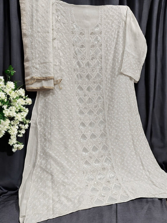 Mul Chikankari Heavy Suit - Moti Cut Dana work