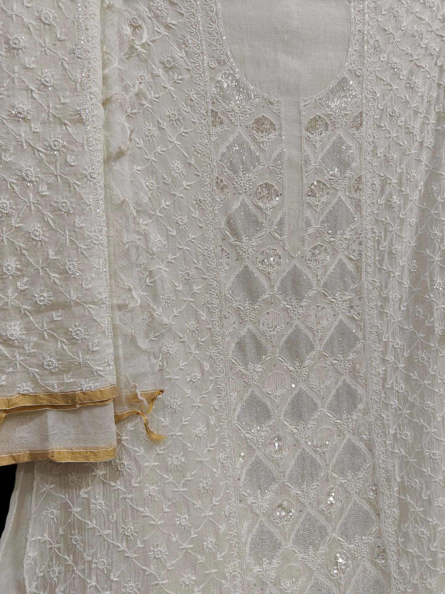 Mul Chikankari Heavy Suit - Moti Cut Dana work