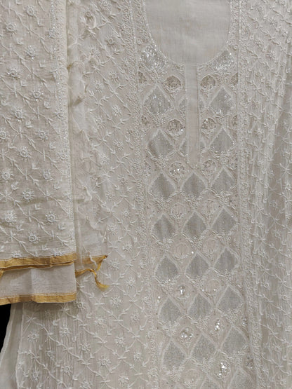 Mul Chikankari Heavy Suit - Moti Cut Dana work