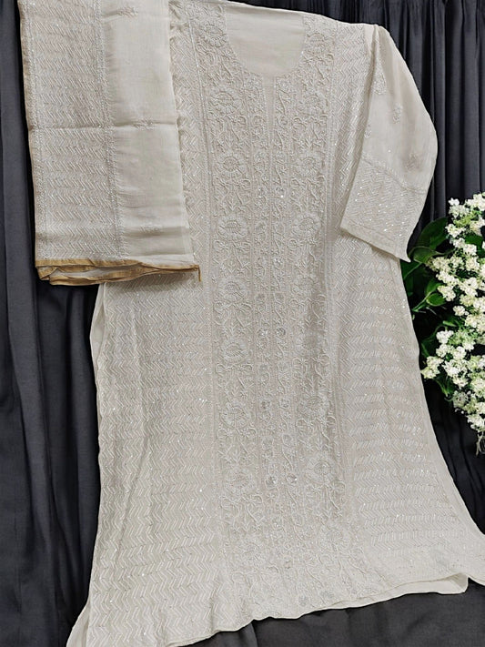 Mul Chikankari Heavy Suit - Moti Cut Dana work