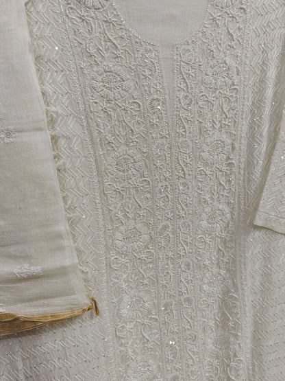 Mul Chikankari Heavy Suit - Moti Cut Dana work