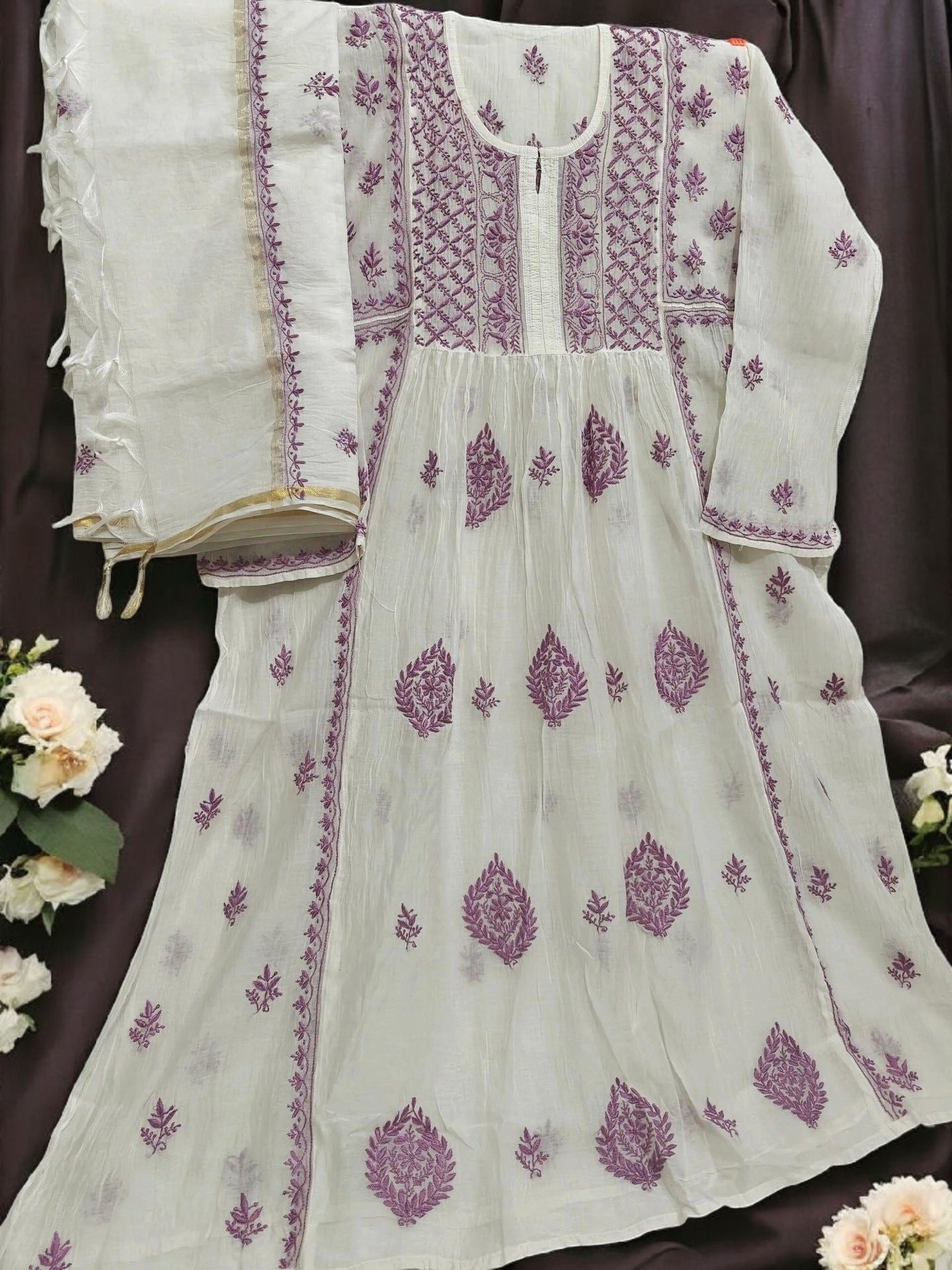 Mul Embroidered Gown - Semi-Stitched | Chikankari
