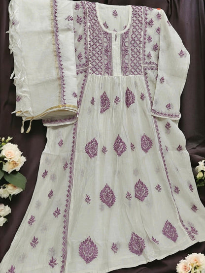 Mul Embroidered Gown - Semi-Stitched | Chikankari