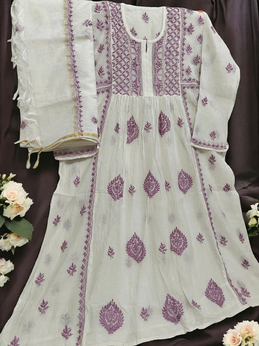 Mul Embroidered Gown - Semi-Stitched | Chikankari
