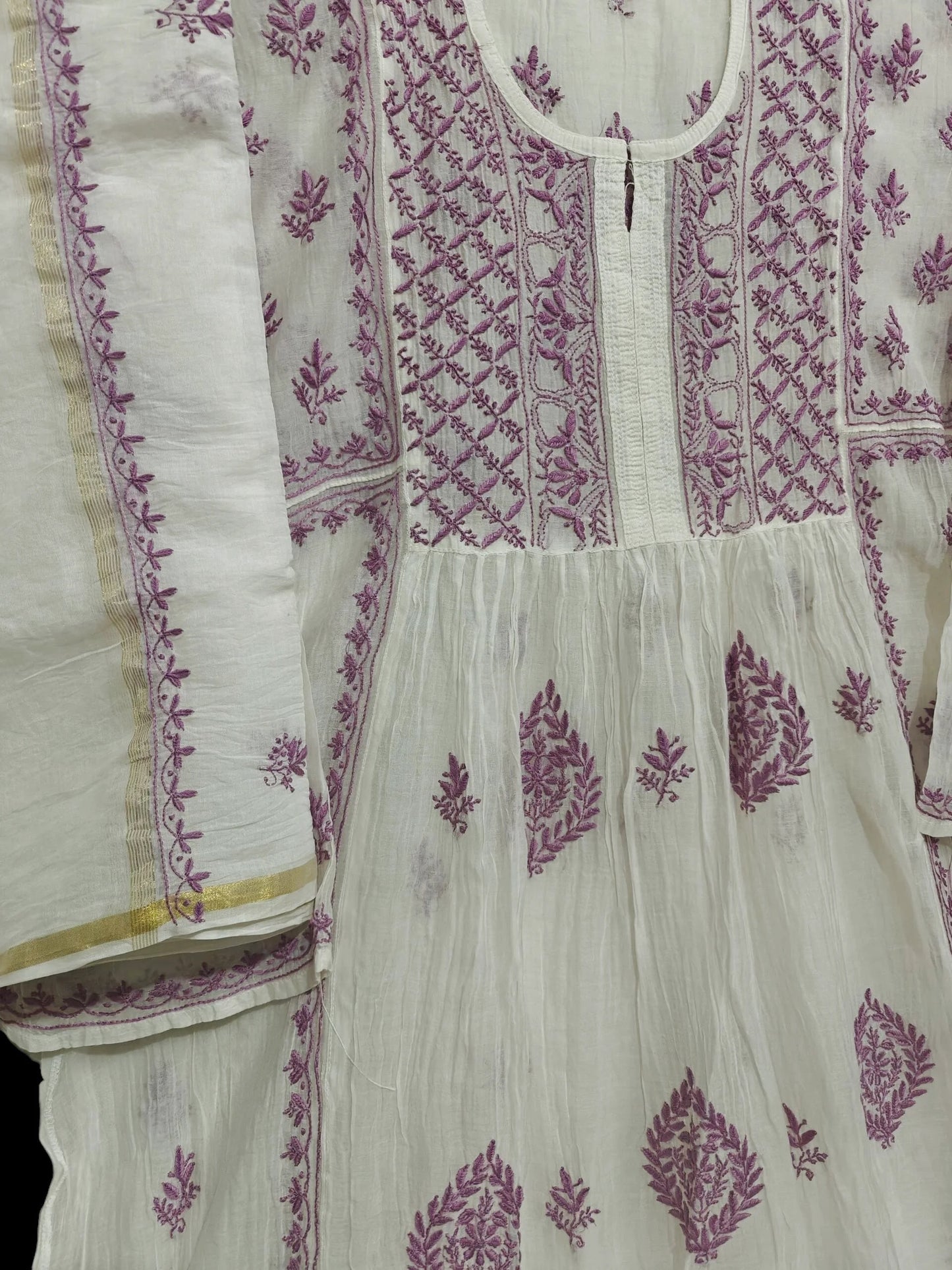 Mul Embroidered Gown - Semi-Stitched | Chikankari