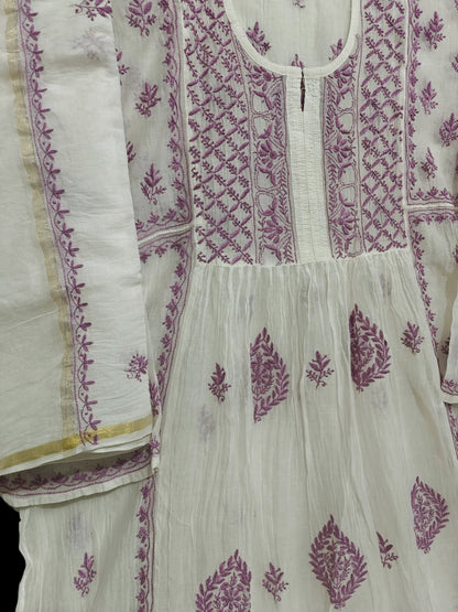 Mul Embroidered Gown - Semi-Stitched | Chikankari
