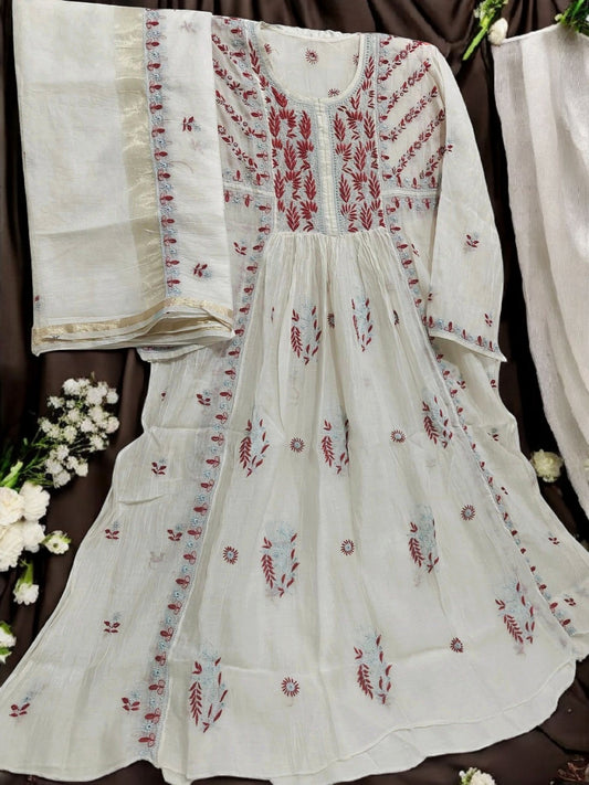 Mul Embroidered Gown - Semi-Stitched | Chikankari