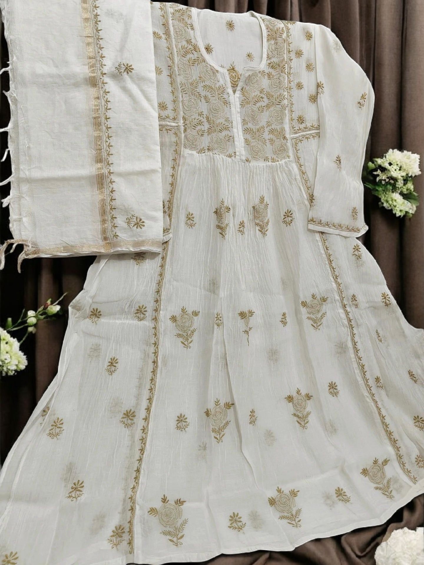 Mul Embroidered Gown - Semi-Stitched | Chikankari