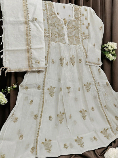 Mul Embroidered Gown - Semi-Stitched | Chikankari