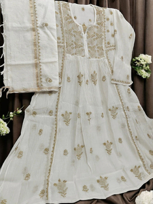 Mul Embroidered Gown - Semi-Stitched | Chikankari
