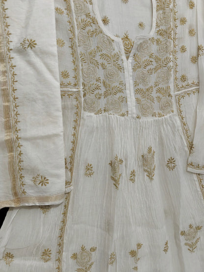 Mul Embroidered Gown - Semi-Stitched | Chikankari