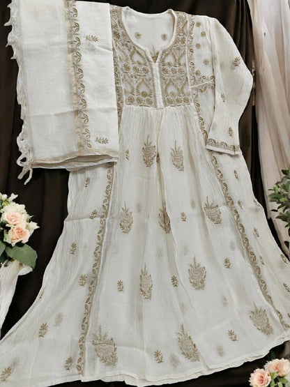 Mul Embroidered Gown - Semi-Stitched | Chikankari