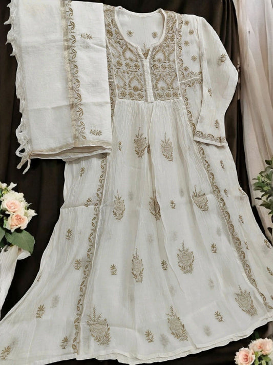 Mul Embroidered Gown - Semi-Stitched | Chikankari