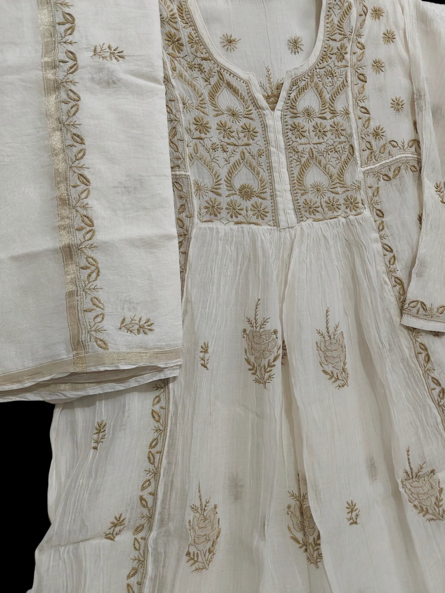 Mul Embroidered Gown - Semi-Stitched | Chikankari