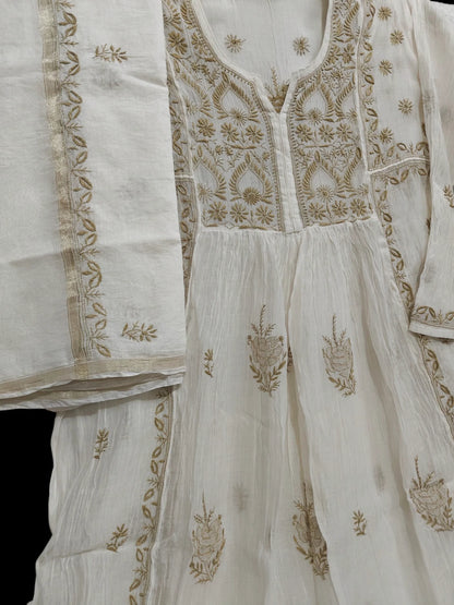 Mul Embroidered Gown - Semi-Stitched | Chikankari