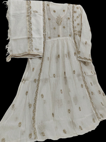 Mul Embroidered Gown - Semi-Stitched | Chikankari
