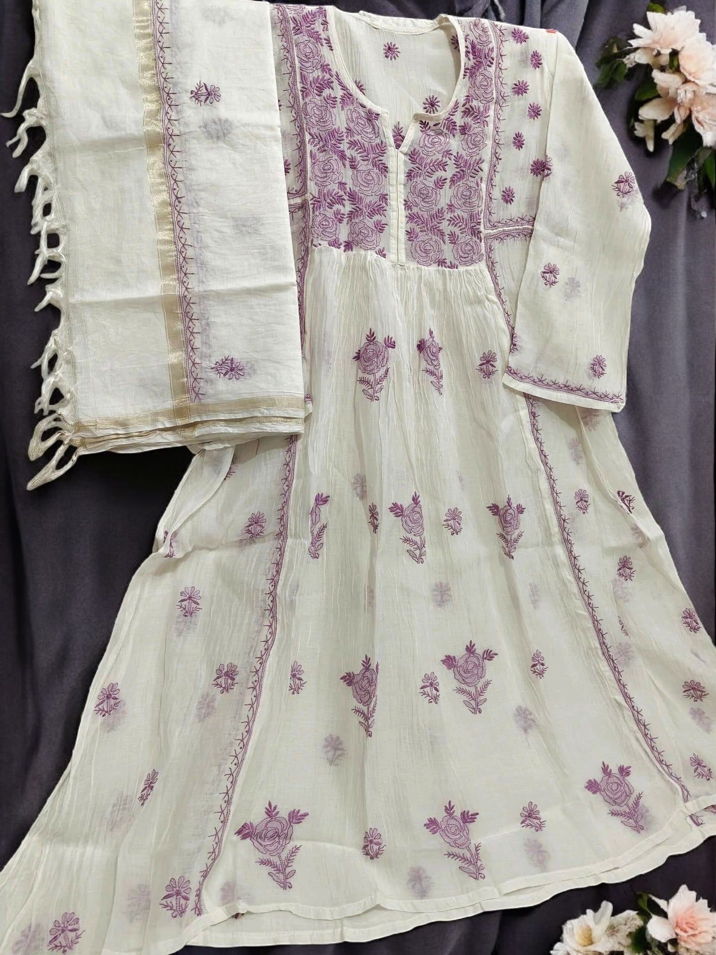 Mul Embroidered Gown - Semi-Stitched | Chikankari