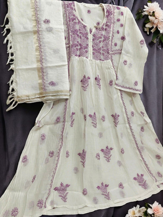 Mul Embroidered Gown - Semi-Stitched | Chikankari