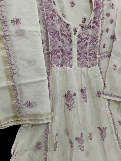 Mul Embroidered Gown - Semi-Stitched | Chikankari