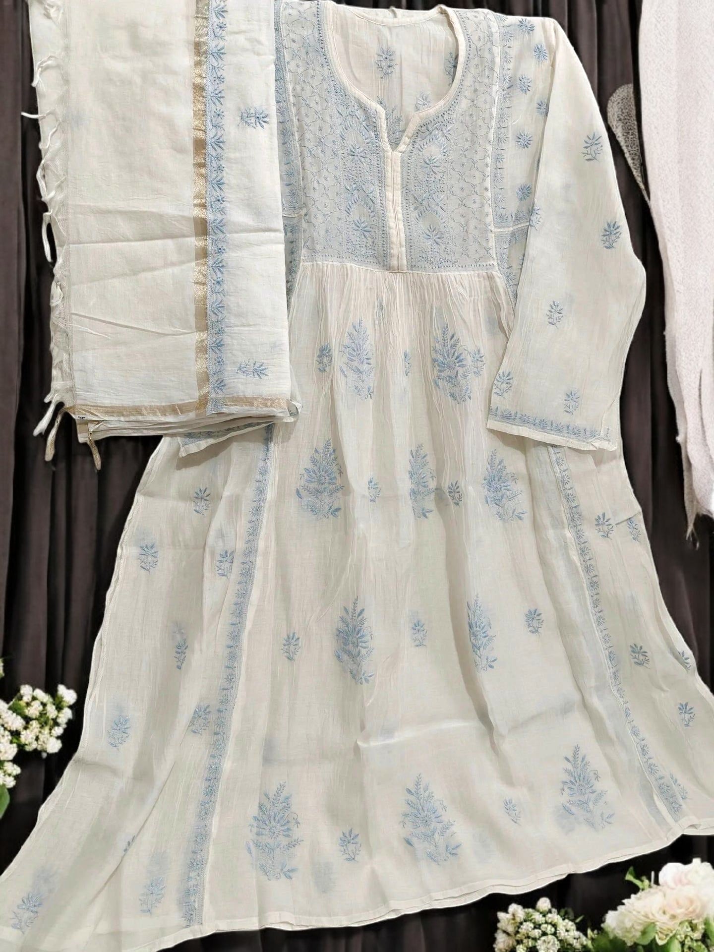 Mul Embroidered Gown - Semi-Stitched | Chikankari