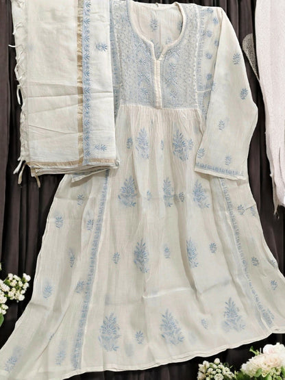 Mul Embroidered Gown - Semi-Stitched | Chikankari