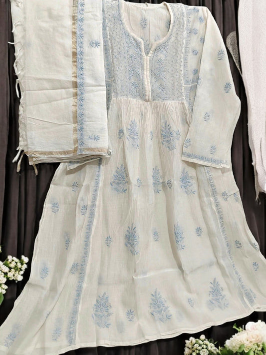 Mul Embroidered Gown - Semi-Stitched | Chikankari