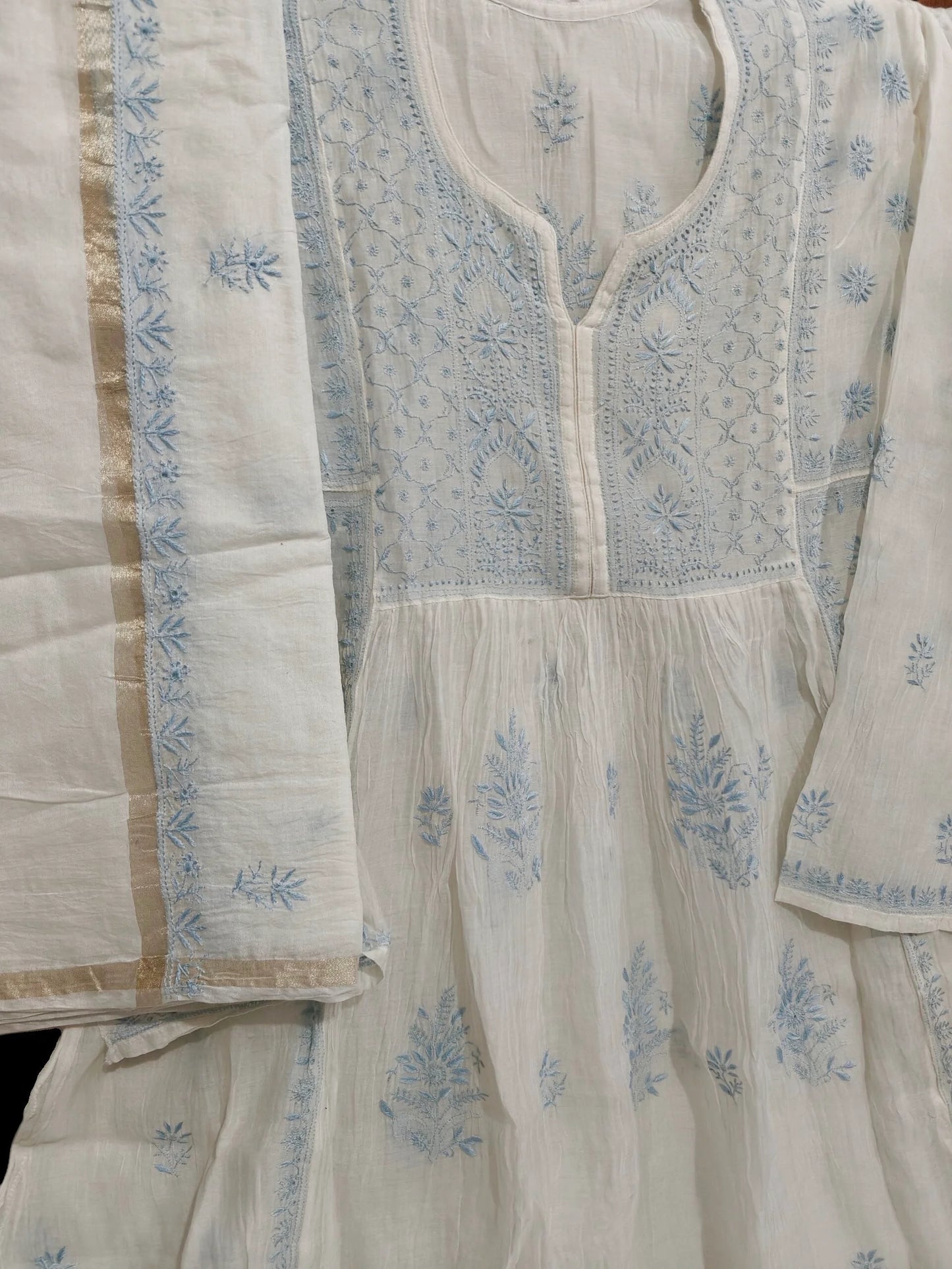 Mul Embroidered Gown - Semi-Stitched | Chikankari