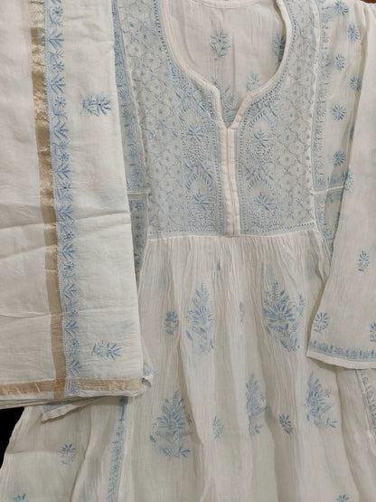 Mul Embroidered Gown - Semi-Stitched | Chikankari