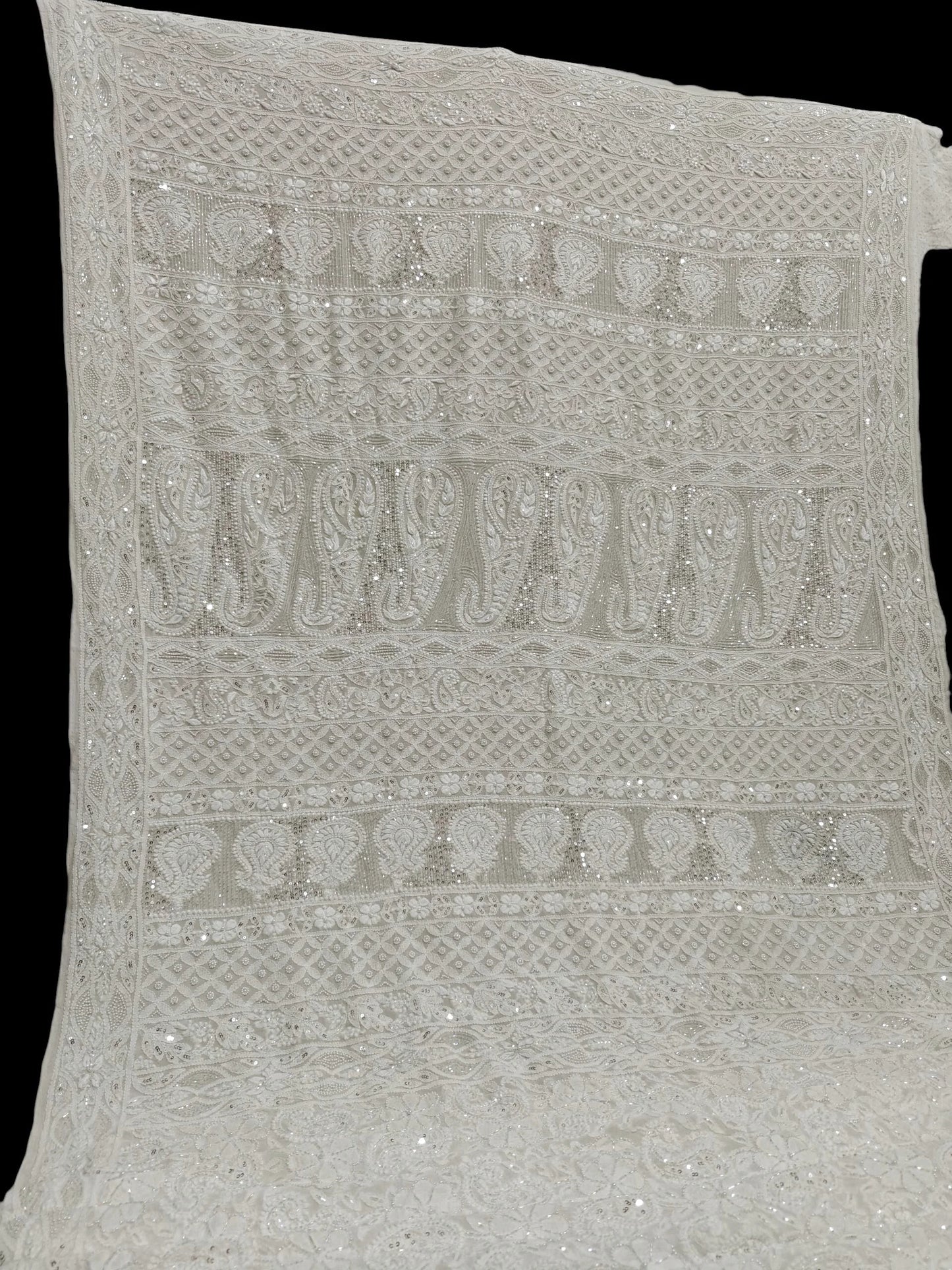 Ivory Georgette Chikankari Saree with Intricate Paisley Embellishments