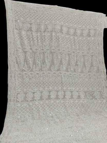 Ivory Georgette Chikankari Saree with Intricate Paisley Embellishments