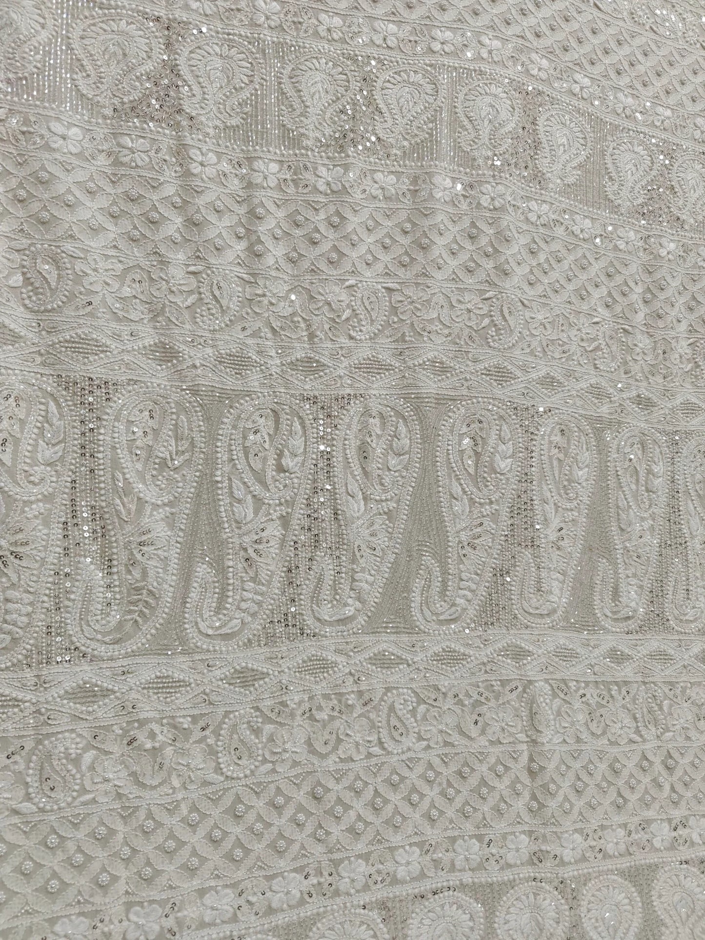 Ivory Georgette Chikankari Saree with Intricate Paisley Embellishments