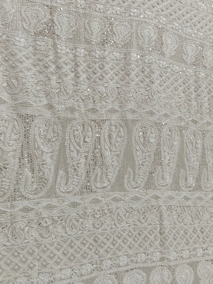 Ivory Georgette Chikankari Saree with Intricate Paisley Embellishments