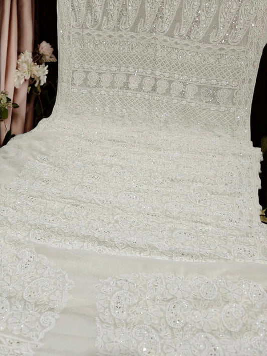 Ivory Georgette Chikankari Saree with Intricate Paisley Embellishments