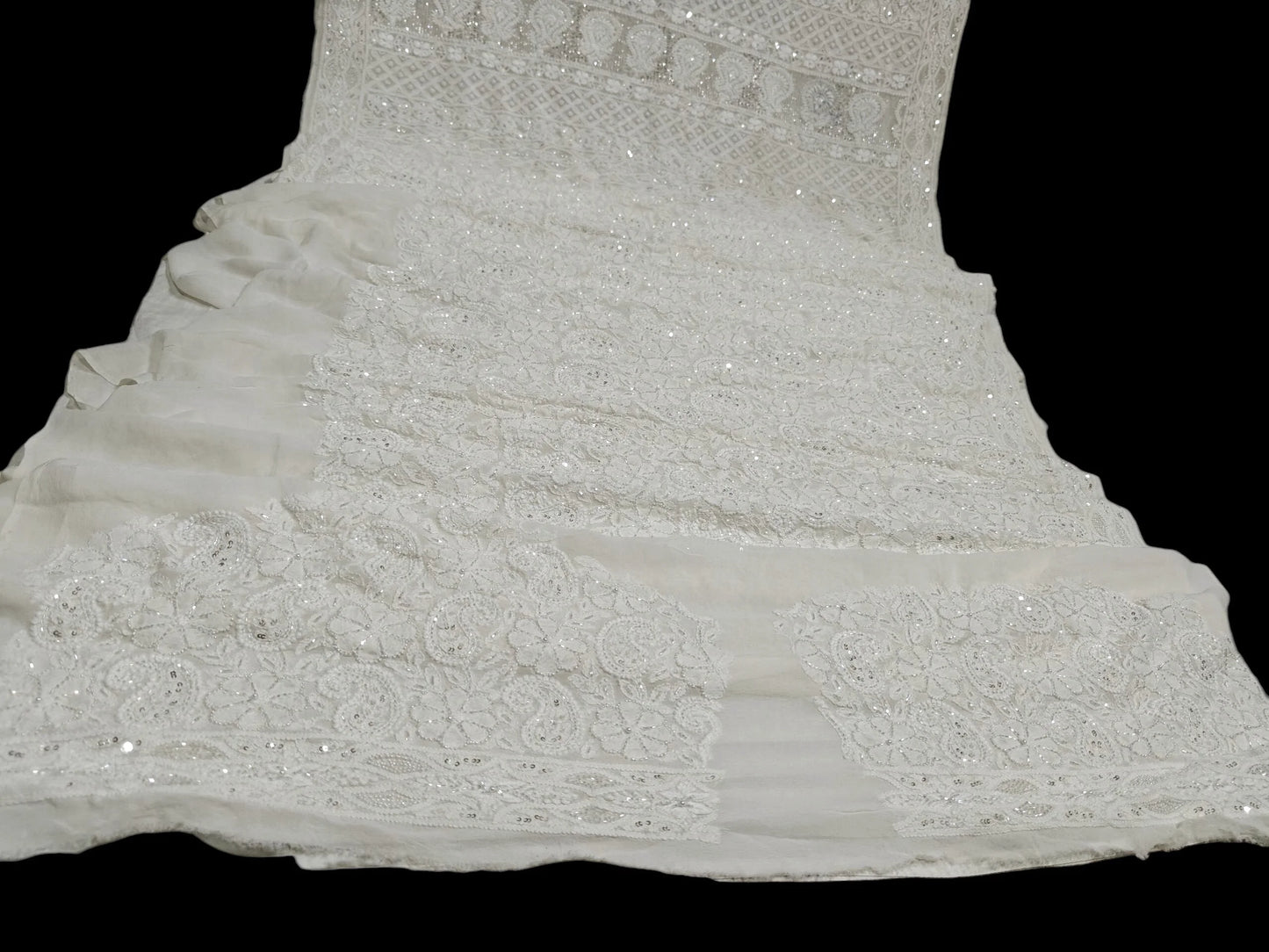 Ivory Georgette Chikankari Saree with Intricate Paisley Embellishments