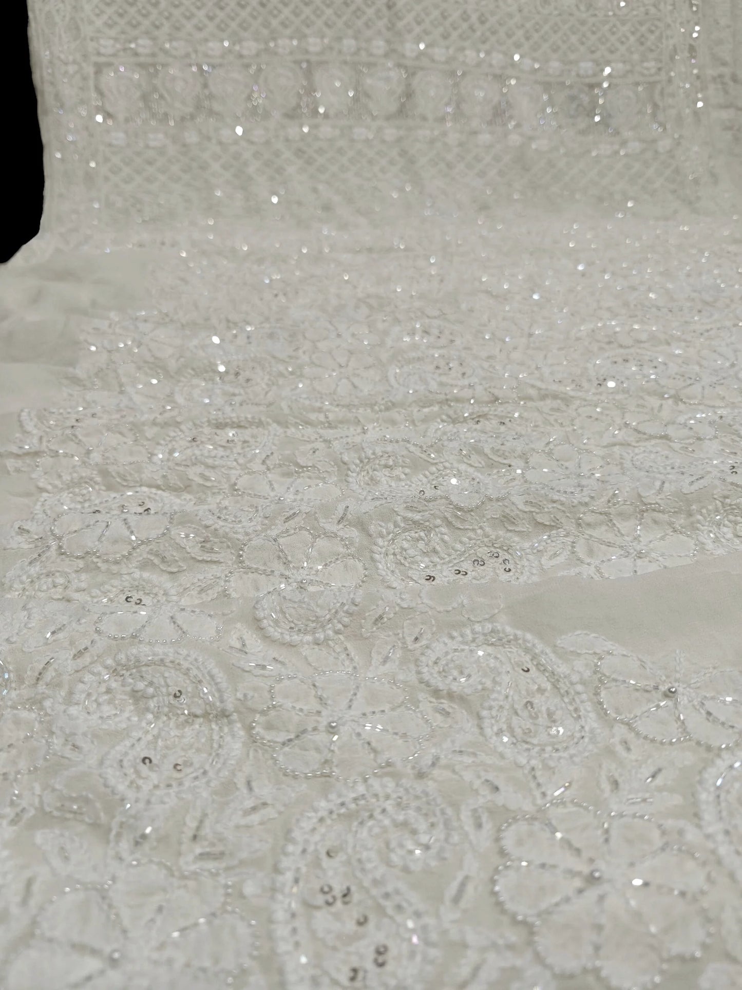 Ivory Georgette Chikankari Saree with Intricate Paisley Embellishments