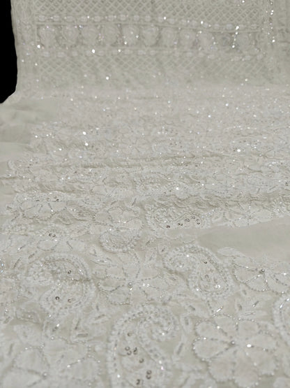Ivory Georgette Chikankari Saree with Intricate Paisley Embellishments
