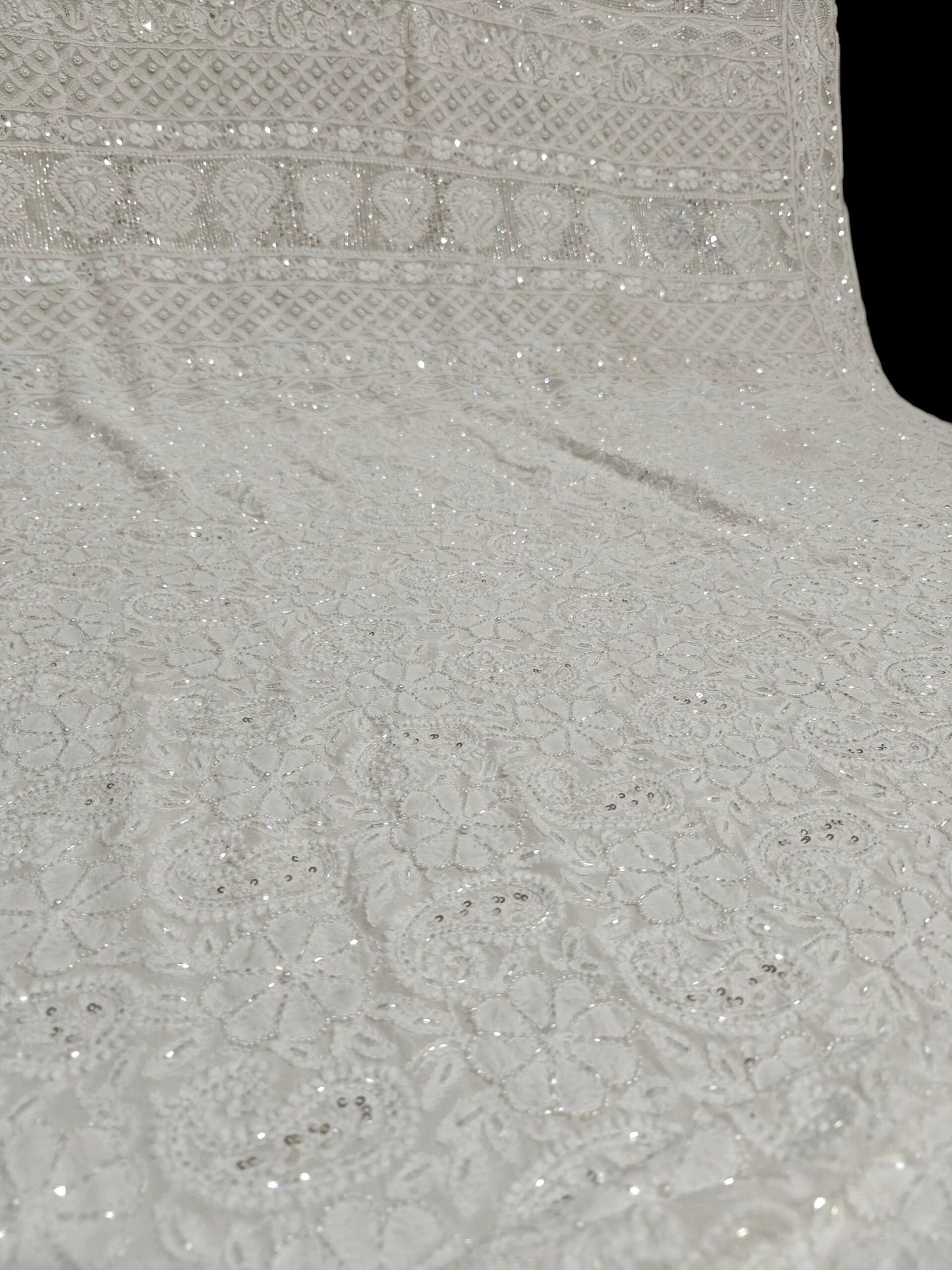 Ivory Georgette Chikankari Saree with Intricate Paisley Embellishments