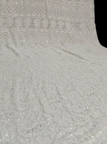 Ivory Georgette Chikankari Saree with Intricate Paisley Embellishments